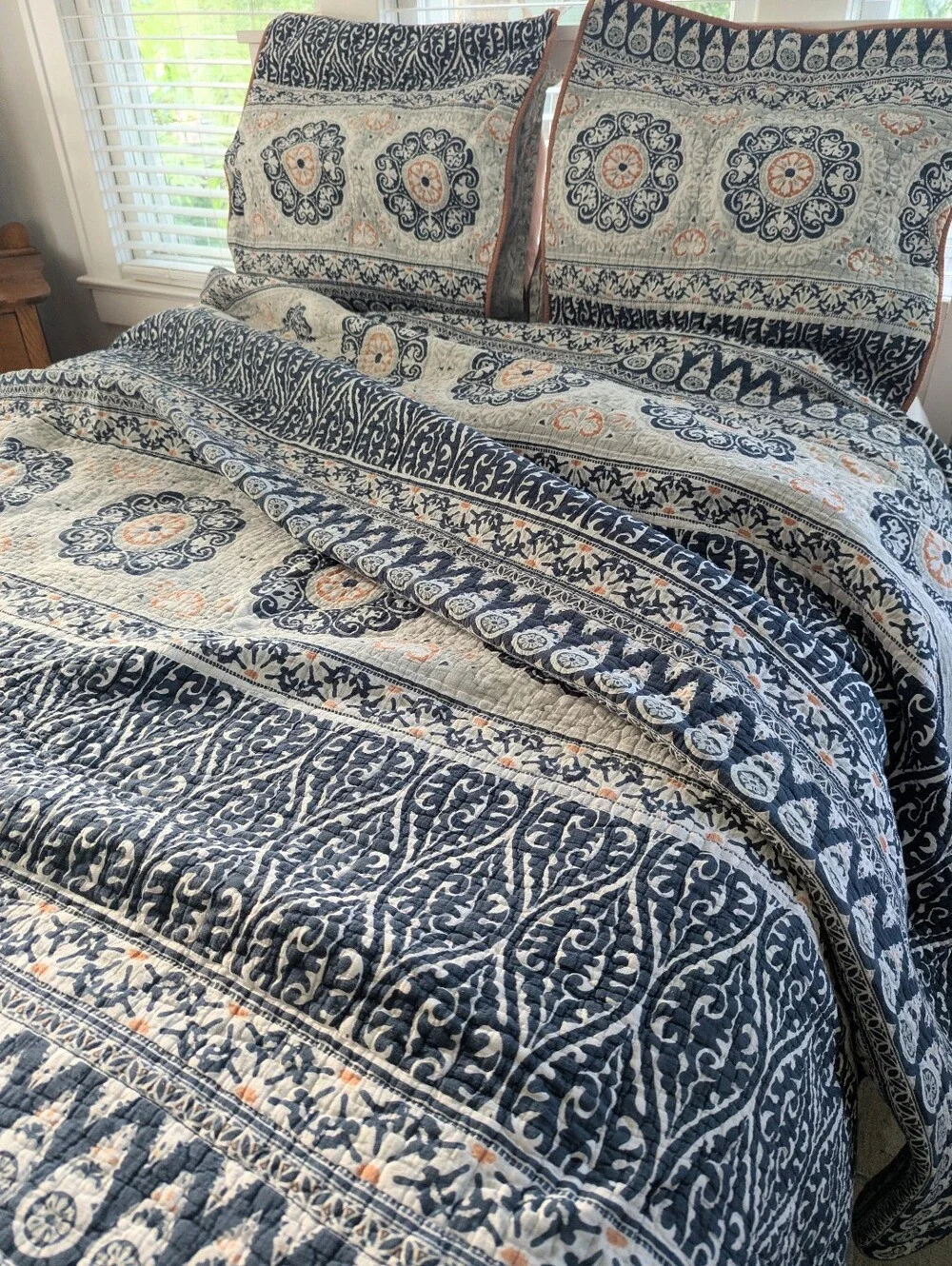 Pottery Barn Blue and Soft Pink Medallion Quilted Bedding Set